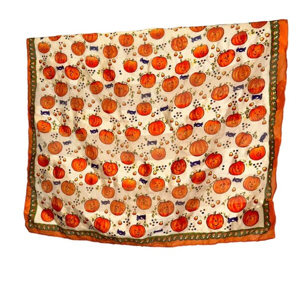 Orange Pumpkins Jack o lanterns candy corn print scarf handkerchief Hall… - Picture 1 of 4